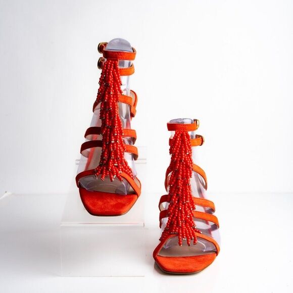 Boden Womens sandals Heels Orange Suede Beaded Open Toe US 7 EU 38 NWD - Picture 4 of 12